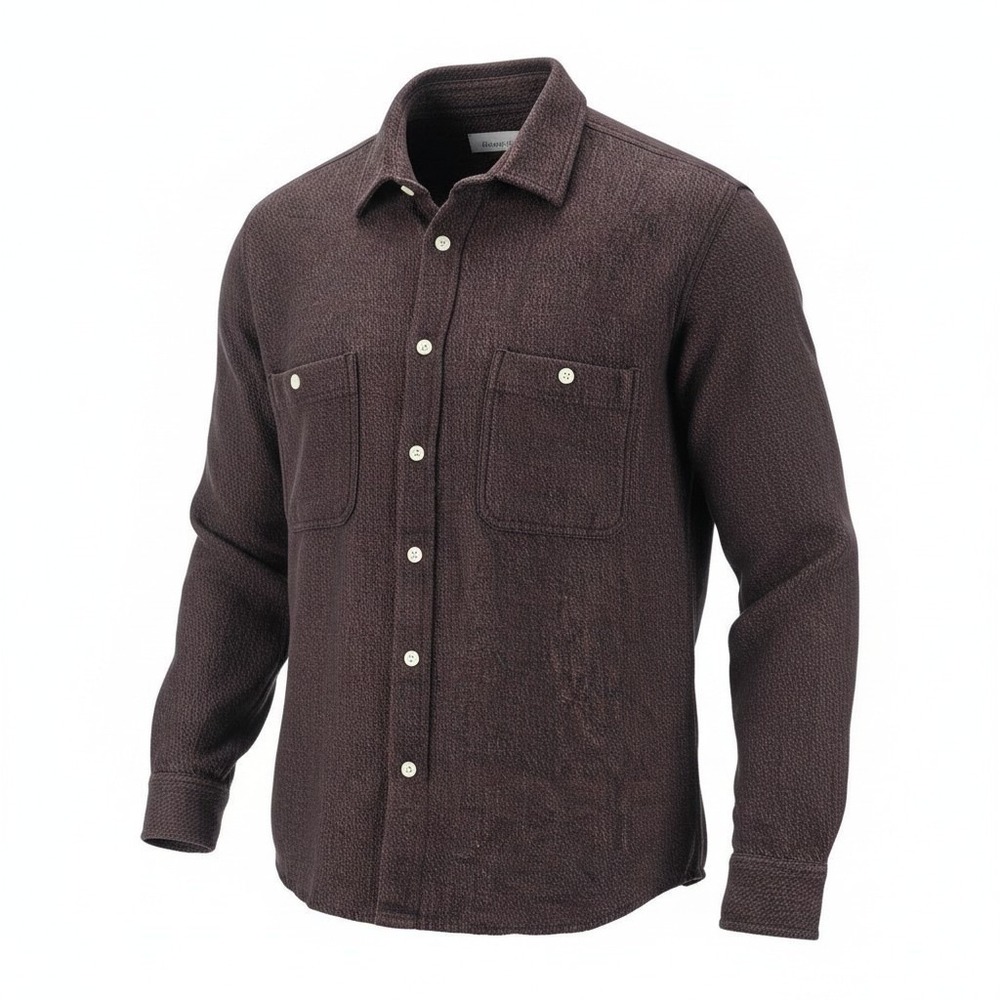 18 East MFG Alberto Brown Black Linen Wool Khadi Twill Button Down Shirt Mens L